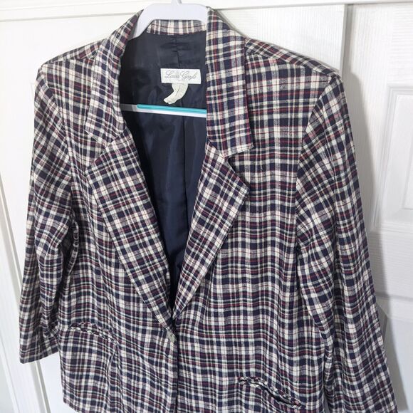 Vtg Linen Plaid Blazer Womens *fits XL Blue Red Laura Gayle Petite Lightweight - Picture 2 of 10